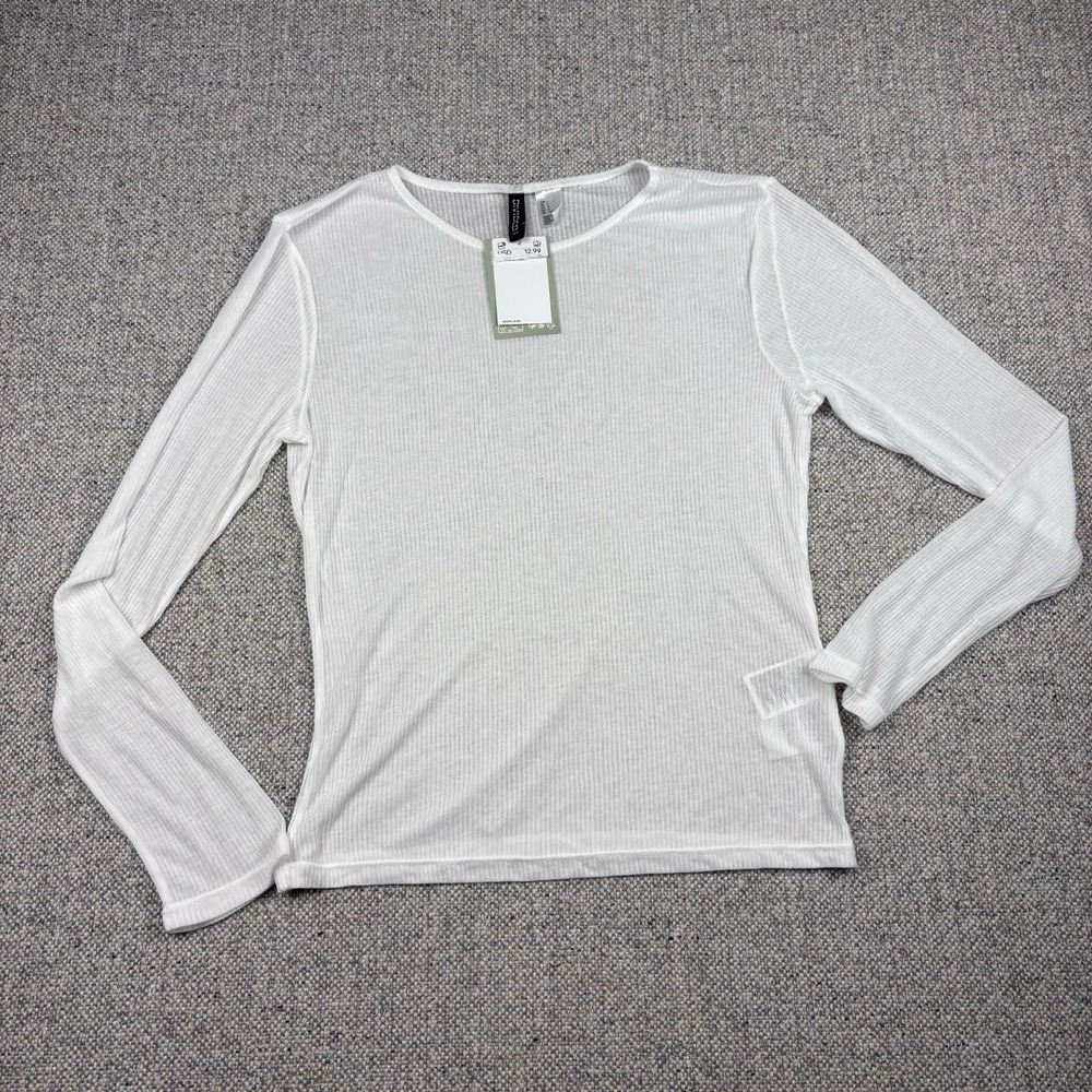 HM Divided White Ribbed Long Sleeve Top Womens Size Large Lightweight Sheer